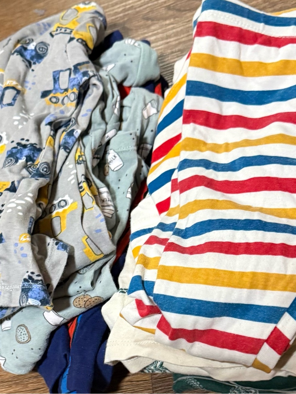 Set of 6 Pajama Sets in Red, Yellow & Blue with Gray Construction Print